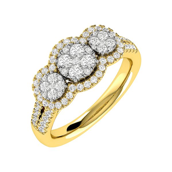 3 Stone Cluster Split Shank Diamond Engagement Ring 0.85ctw - 14k Solid Gold - All Natural