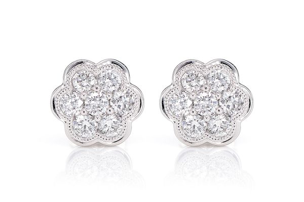 Milgrain Flower Cluster Diamond Stud Earrings 14k Solid Gold 0.75ctw