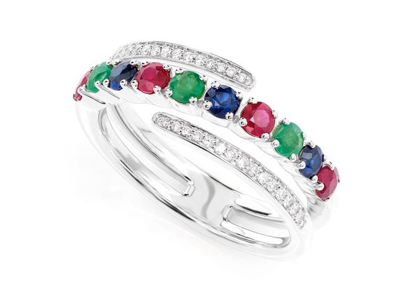 Tri Colored Gem And Diamond Semi Wrap Ring 14k Solid Gold 1.00ctw 