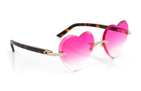 Cartier Glasses Iced Out Diamond Rimless - Pink Heart Lens - 1.60ctw - Yellow Gold