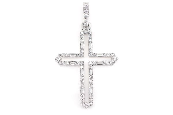 Four Point Round And Baguette Diamond Open Cross Pendant 14k Solid Gold 0.50ctw 