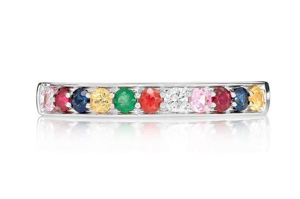 Multi-colored Gemstone & Diamond Band 14k Solid Gold 0.30ctw