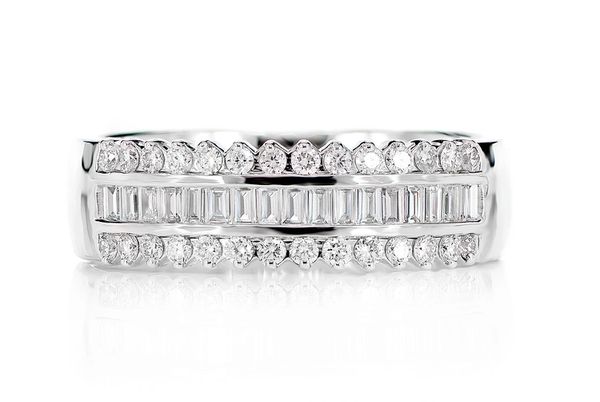 One Row Baguette & Round Diamond Border Ring 14k Solid Gold 0.50ctw