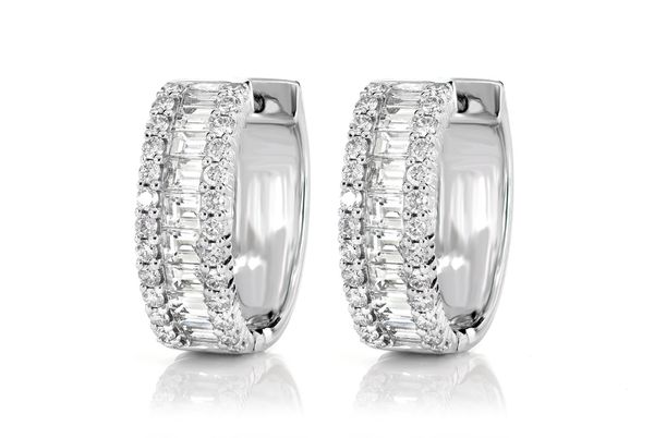 Round Border And Baguette Diamond Hoop Earrings 14k Gold 2.00ctw 