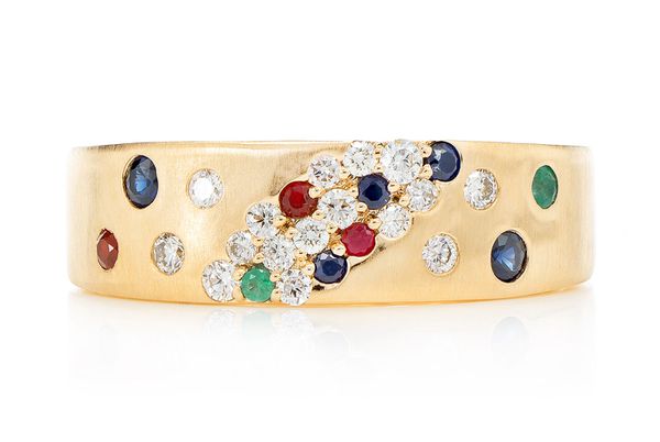 Scattered Cluster Multi Gem And Diamond Band Ring 14k Solid Gold 0.38ctw