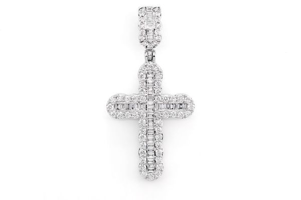 Round And Baguette Diamond Cross Pendant 14k Solid Gold 0.66ctw