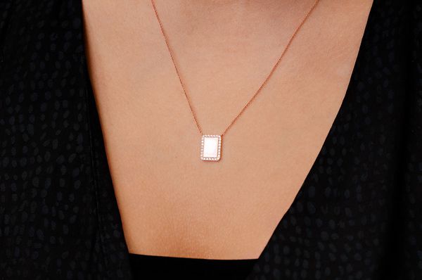 Rectangle Picture Diamond Necklace Connected 14k Solid Gold 0.15ctw