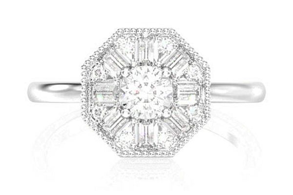 Octagon Baguette Halo Diamond Ring 14k Solid Gold 0.35ctw