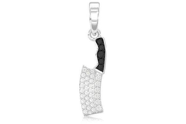 Butcher's Knife Black & White Diamond Pendant 14k Solid Gold 0.30ctw