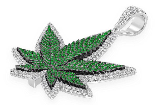 Cannabis Leaf Emerald & Diamond Pendant 14k Solid Gold 7.75ctw