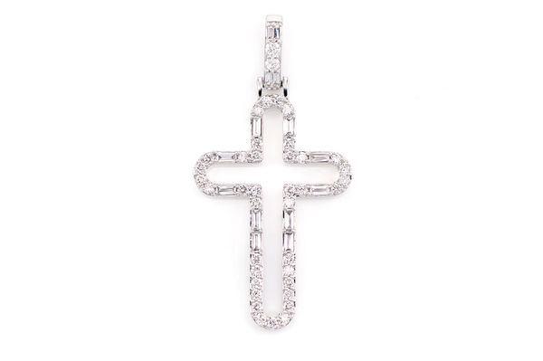 Rounded Open Round And Baguette Diamond Cross Pendant 14k Solid Gold 0.50ctw 