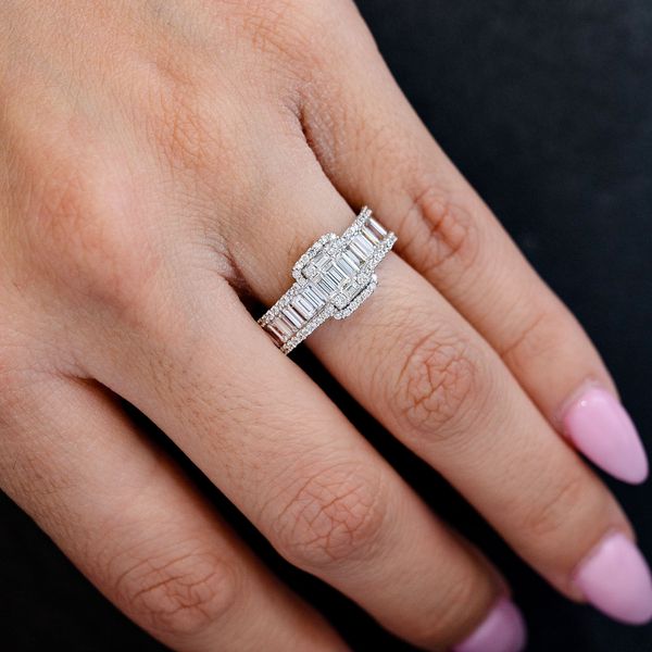 1.55ctw Baguette Raised Cluster Three Row Diamond Engagement Ring 14k Solid Gold - All Natural