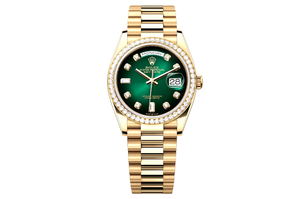 Rolex - Day Date 36 - 128348a - Yellow Gold Green Diamond Bezel