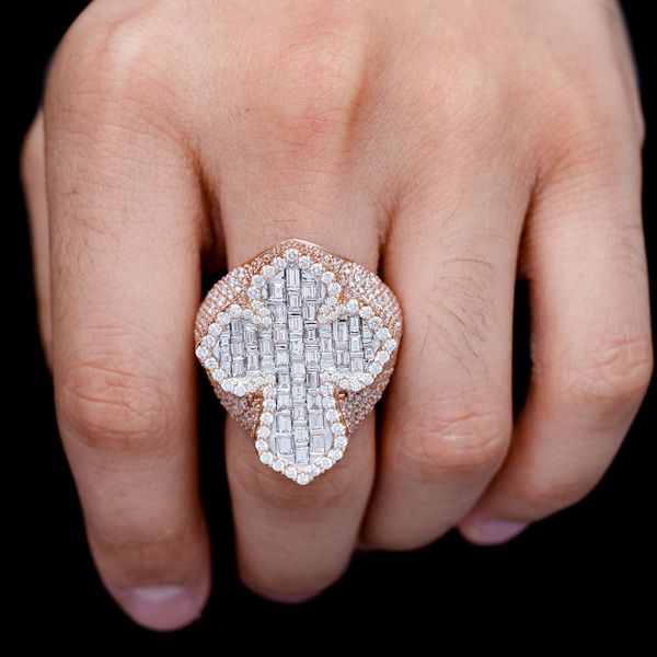 Deluxe Baguette Border Diamond Cross Signet Ring 14k Solid Gold 9.00ctw