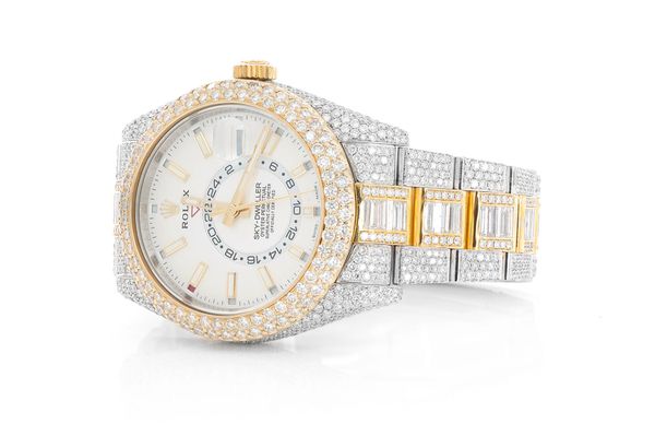 Rolex Sky Dweller 41MM 18k Yellow Gold & Steel - 26.00ctw Fully Iced Out Baguette Center Row