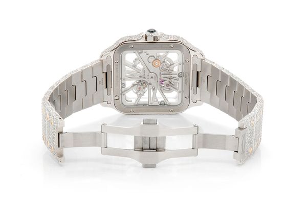 Cartier Santos De Cartier Skeleton 18k Yellow Gold & Steel 40MM - 18.50ctw Fully Iced Out