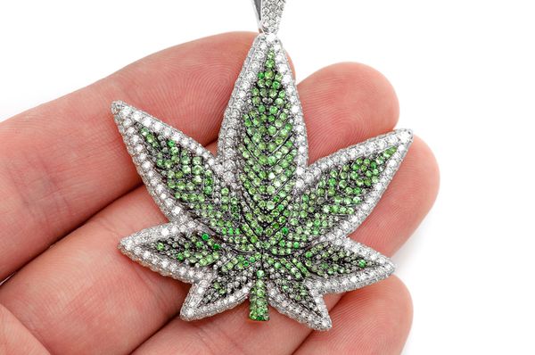 Cannabis Leaf Emerald & Diamond Pendant 14k Solid Gold 7.75ctw