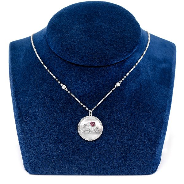 Mother Of Pearl Love Disc Halo Diamond Pendant Attached Necklace 14k Solid Gold 3.00ctw