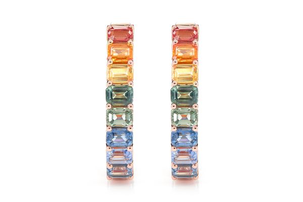 Rainbow Colored Sapphire Inside Outside Hoop Earrings 14k Solid Gold 7.10ctw