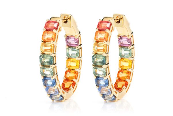 Rainbow Colored Sapphire Inside Outside Hoop Earrings 14k Solid Gold 7.10ctw