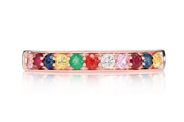 Multi-colored Gemstone & Diamond Band 14k Solid Gold 0.30ctw