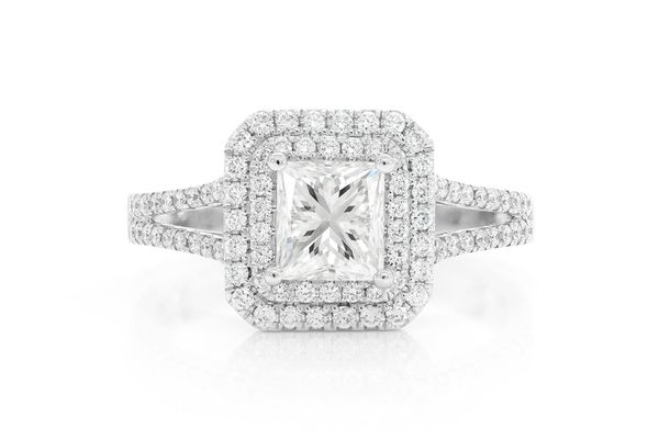 1.00ct Princess Cut - Double Halo Split Shank - Diamond Engagement Ring - All Natural