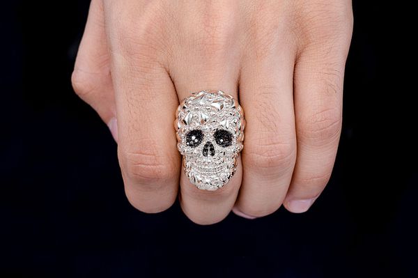 Nugget Skull Black Diamond Ring 14k Solid Gold 0.60ctw