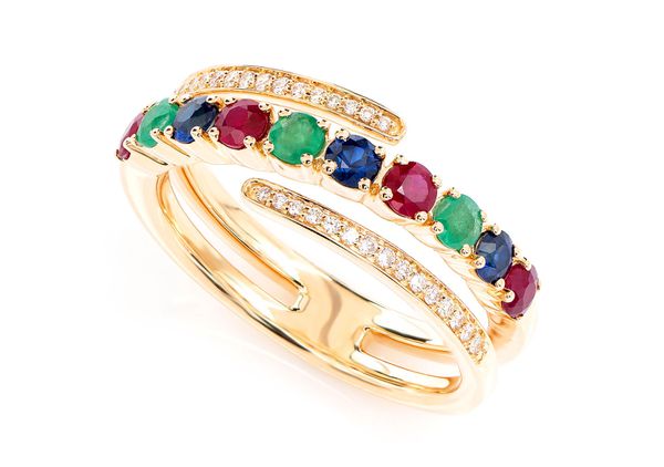 Tri Colored Gem And Diamond Semi Wrap Ring 14k Solid Gold 1.00ctw 