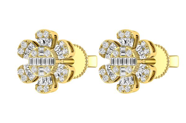 Floral Baguette & Round Diamond Stud Earrings 14k Solid Gold 0.50ctw