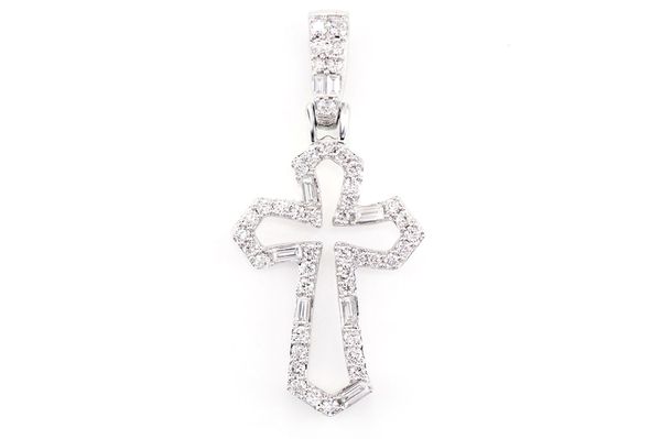 Tapered Open Round And Baguette Diamond Cross Pendant 14k Solid Gold 0.38ctw