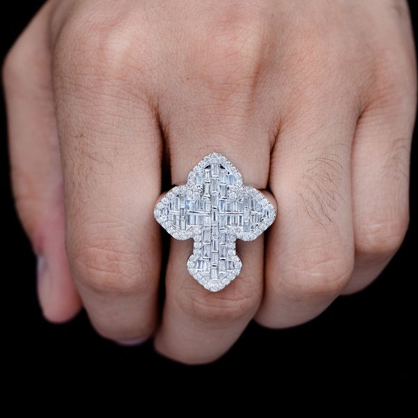 Baguette And Round Border Cross Diamond Signet Ring Solid Gold 2.00ctw