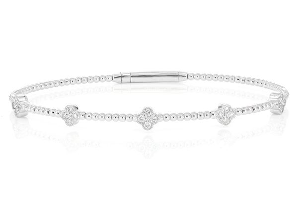 Beaded And Diamond Clover Milgrain Flex Bangle Bracelet 0.33ctw 14k Solid Gold 