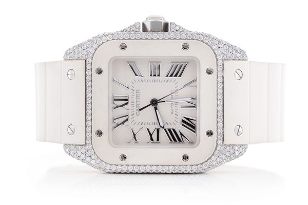 Cartier Santos De Cartier 100 Steel White Rubber Strap 35MM 6.33ctw (2878)