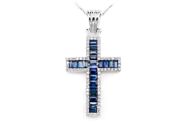 Sapphire Cross With Diamond Halo Pendant Necklace Attached 14k Solid Gold 2.90ctw