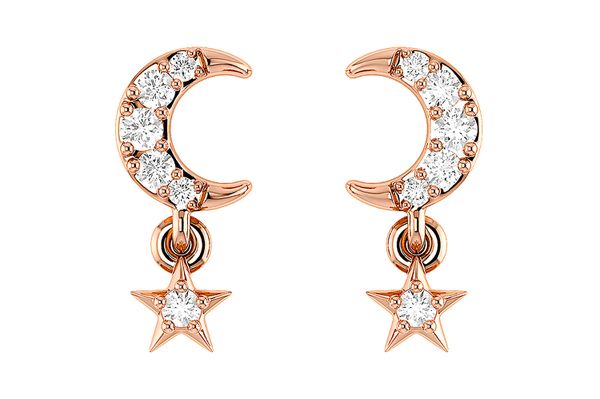 Moon And Star Dangling Diamond Earrings 14k Solid Gold 0.05ctw