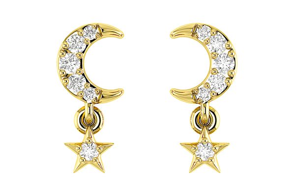 Moon And Star Dangling Diamond Earrings 14k Solid Gold 0.05ctw