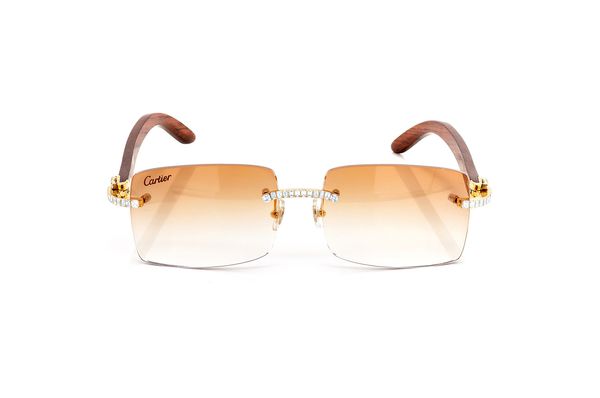 Icebox - Cartier Glasses Iced Out Diamonds Rimless Wood - Brown Fade - 3.00ctw - Gold