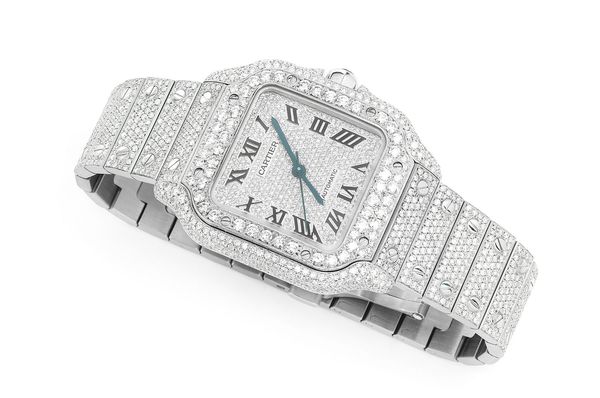 Icebox - Cartier Santos 100 35MM Steel 14.25ctw - Fully Iced Out