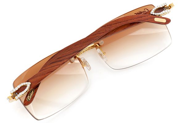 Cartier Glasses Iced Out Diamonds Rimless Wood - Brown Fade - 3.00ctw - Yellow Gold
