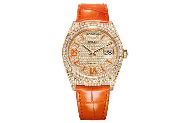 Rolex - Day Date 36 - 128158rbr - Yellow Gold Orange Leather - Full Factory Diamonds