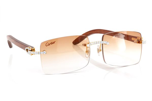 Cartier Glasses Iced Out Diamonds Rimless Wood - Brown Fade - 3.00ctw - Yellow Gold