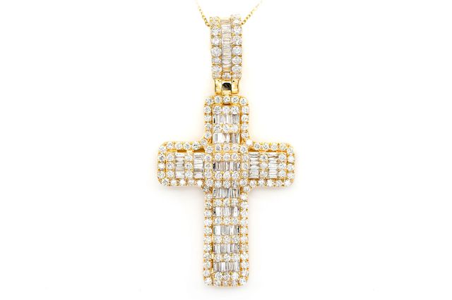 4 Layer Baguette & Round Cross Pendant 14k Solid Gold 3.50ctw