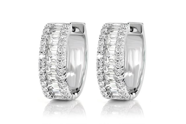 Round Border And Baguette Diamond Hoop Earrings 14k Gold 2.00ctw 